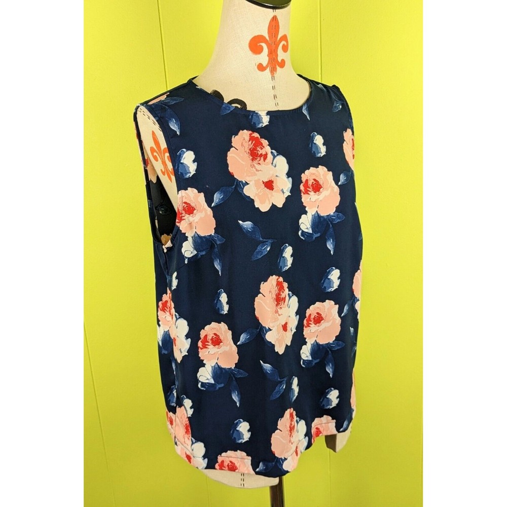 Dalia Women's L Navy Blue Pink Floral Roses Sleeveless Blouse Polyester Top EUC